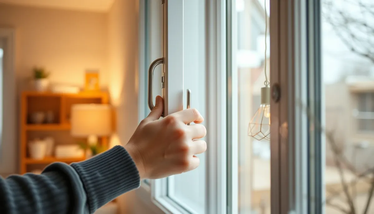 Mains actionnant la poignée d'une fenêtre PVC Lapeyre dans une pièce de vie
