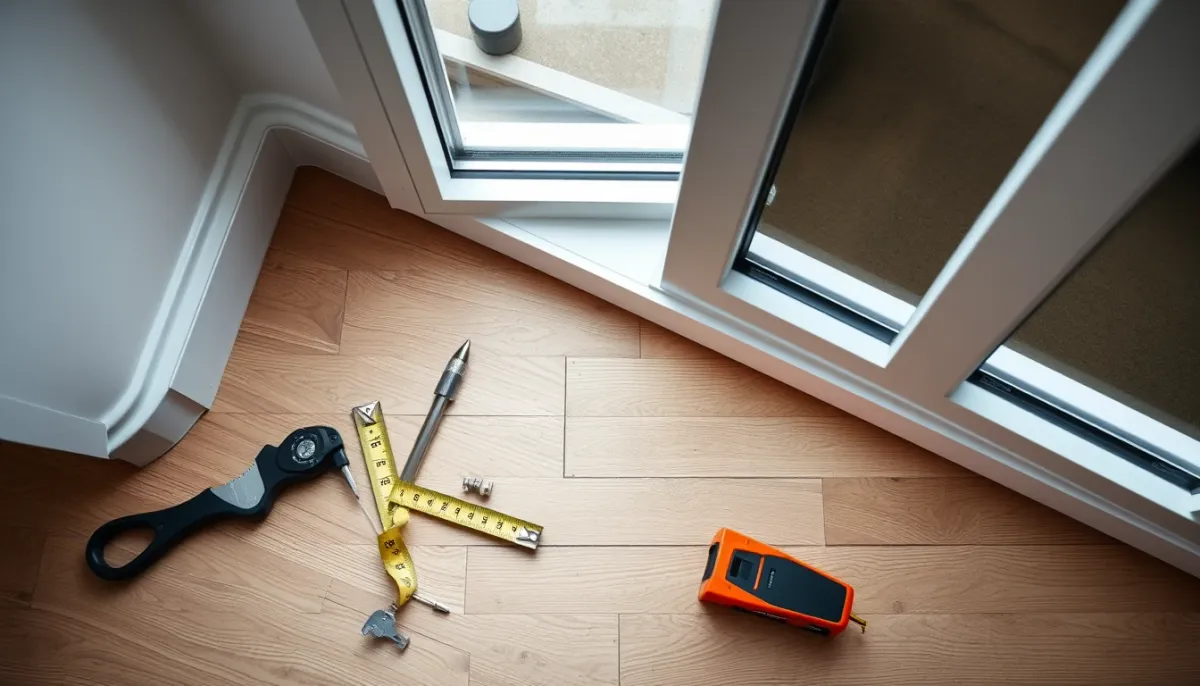 Outils de pose et mètre ruban près d'une fenêtre PVC Lapeyre, évoquant l'installation