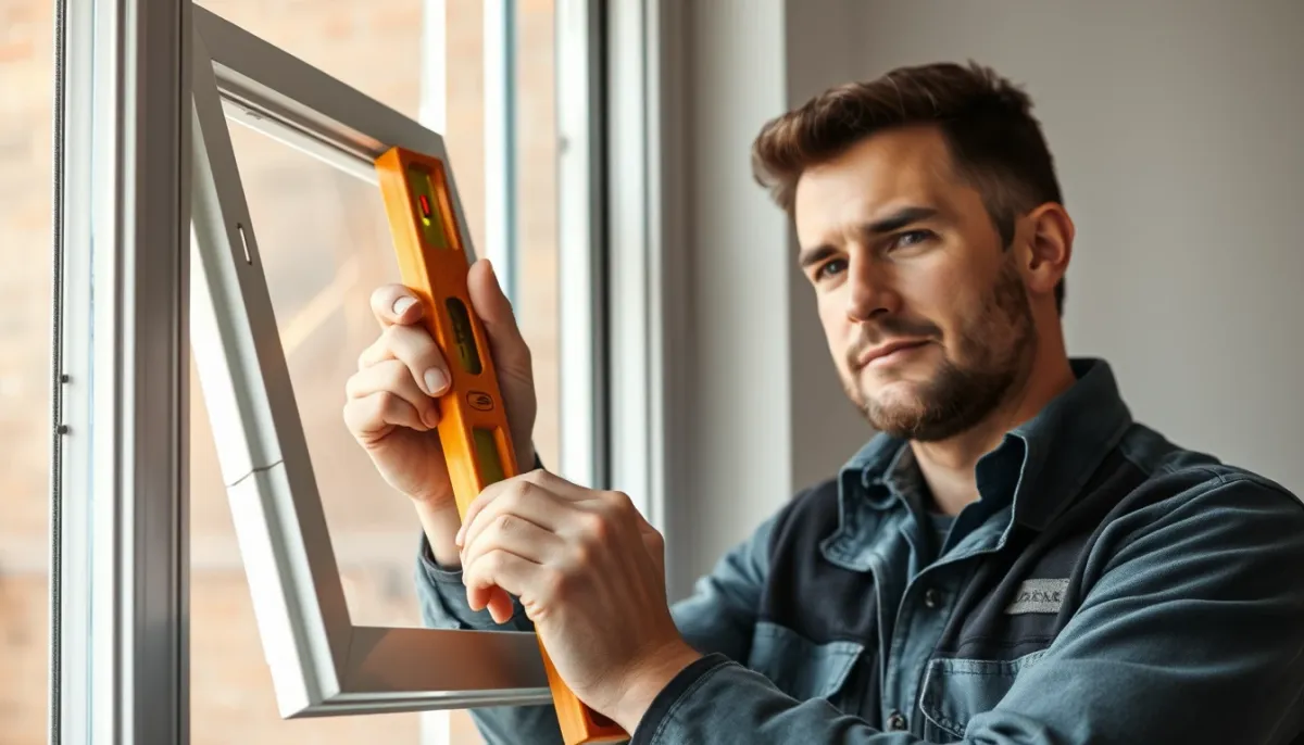Menuisier professionnel vérifiant l'alignement d'une fenêtre PVC
