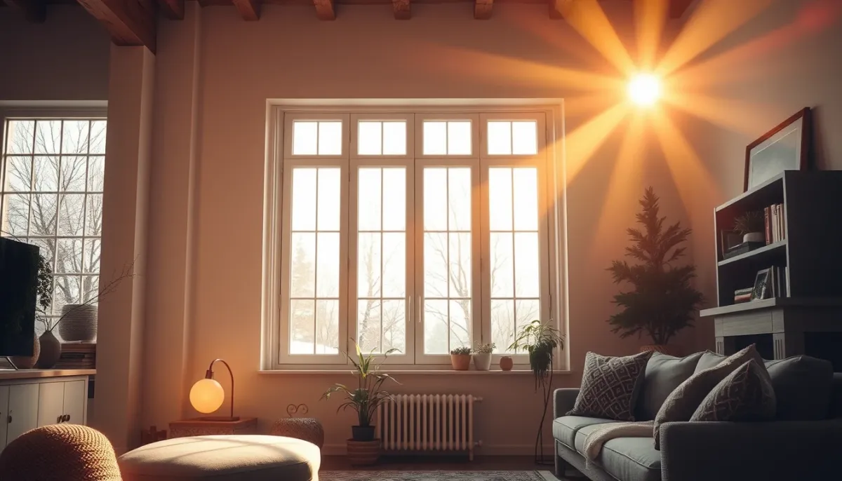 Salon lumineux avec une grande fenêtre double vitrage laissant entrer la lumière naturelle