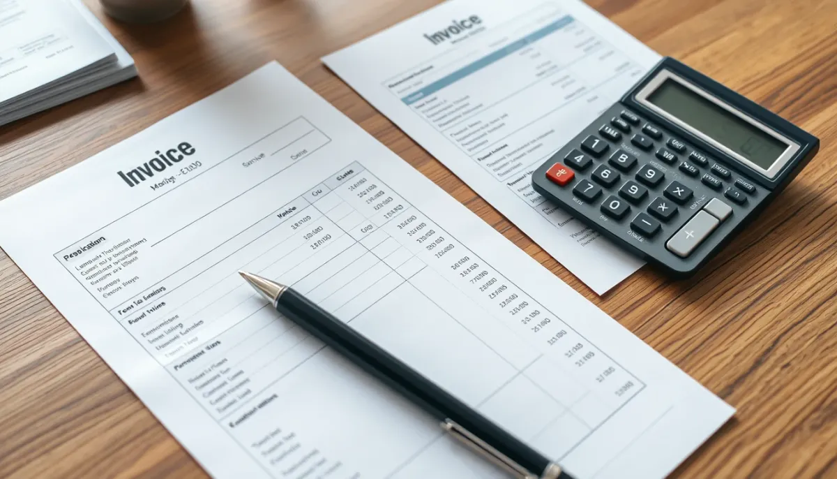 Devis et liste de prix posés sur un bureau en bois avec calculatrice, vue de dessus