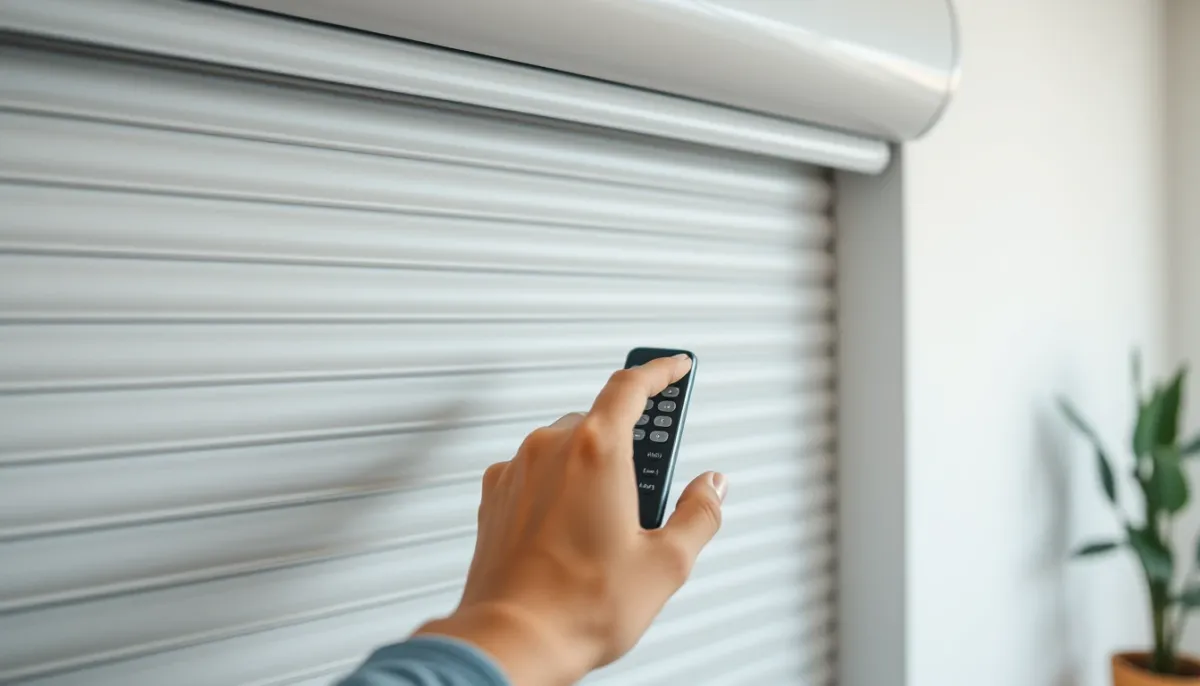 Mains vérifiant une télécommande de volet roulant mural, gros plan