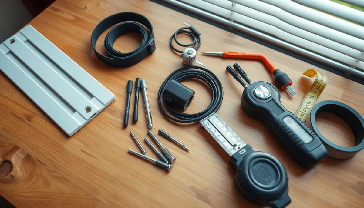 Pièces détachées et outils pour réparer un volet roulant, vue de dessus