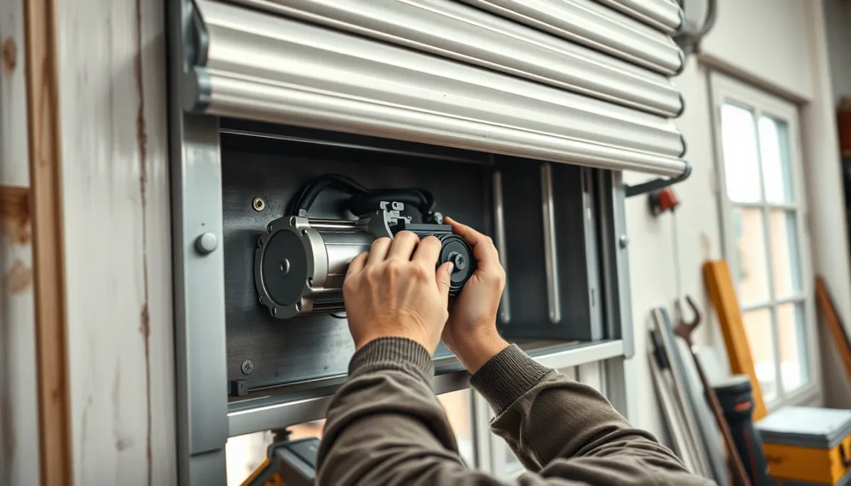 Installation d'un moteur de volet roulant électrique par un artisan, gros plan sur le mécanisme