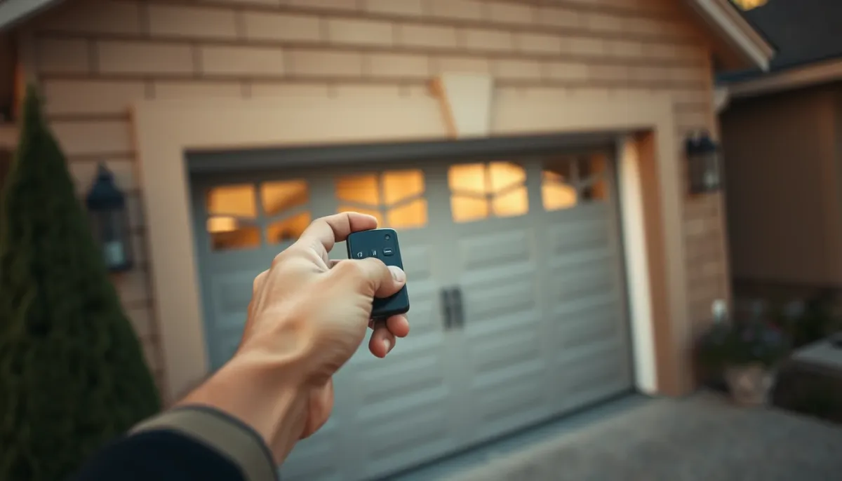 Main actionnant une télécommande pour ouvrir une porte de garage sectionnelle motorisée
