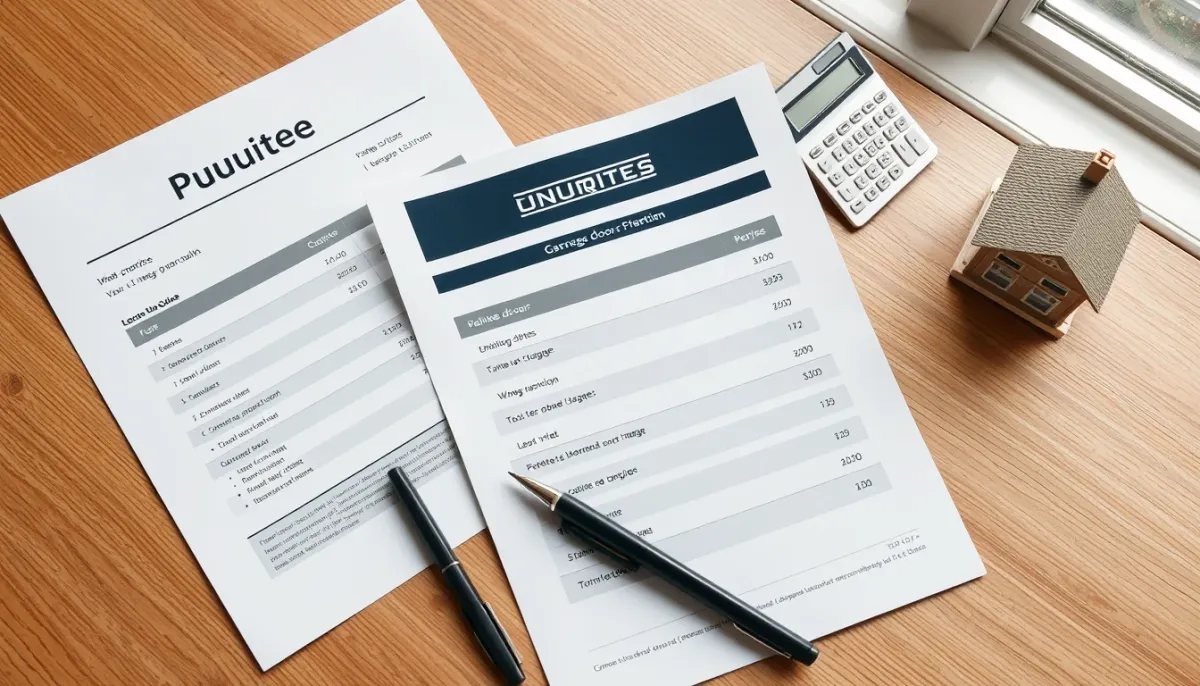 Devis et calculatrice sur un bureau en bois pour l'achat d'une porte de garage