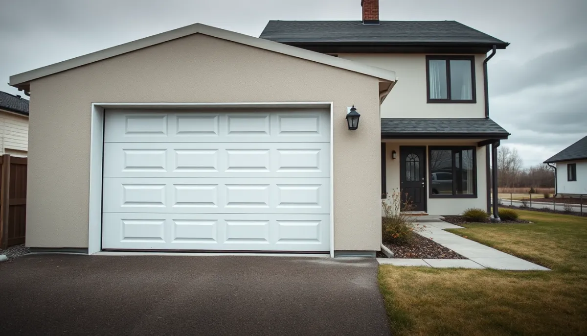 Garage indépendant avec porte basculante simple, à côté d'une maison moderne