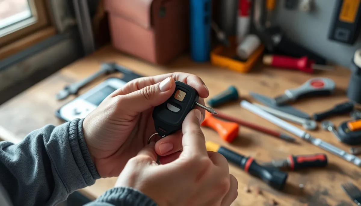 Mains tenant une télécommande de garage et un tournevis pour remplacer la pile
