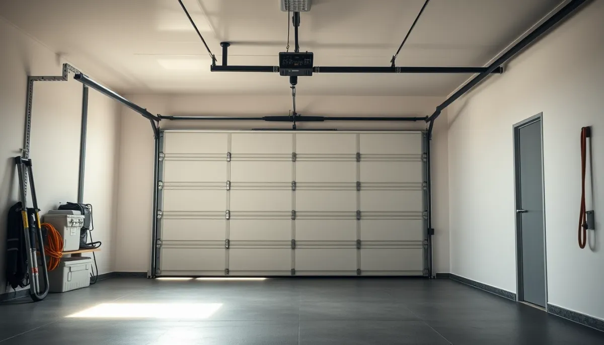 Intérieur de garage moderne avec porte sectionnelle entrouverte