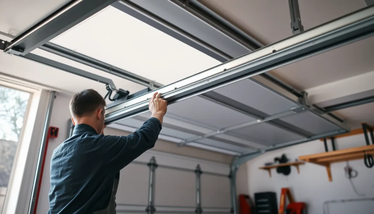 Installation d'une porte de garage sectionnelle avec réglage des rails et panneaux par un professionnel