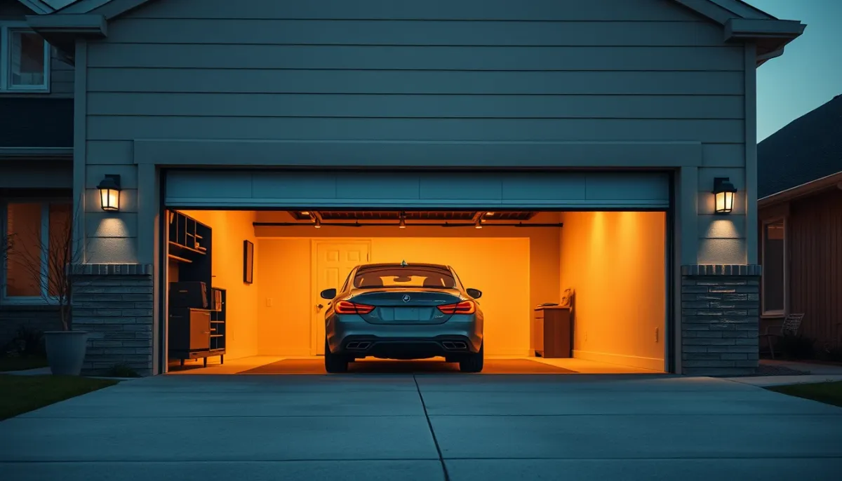 Porte de garage sectionnelle entrouverte avec une voiture stationnée à l'intérieur
