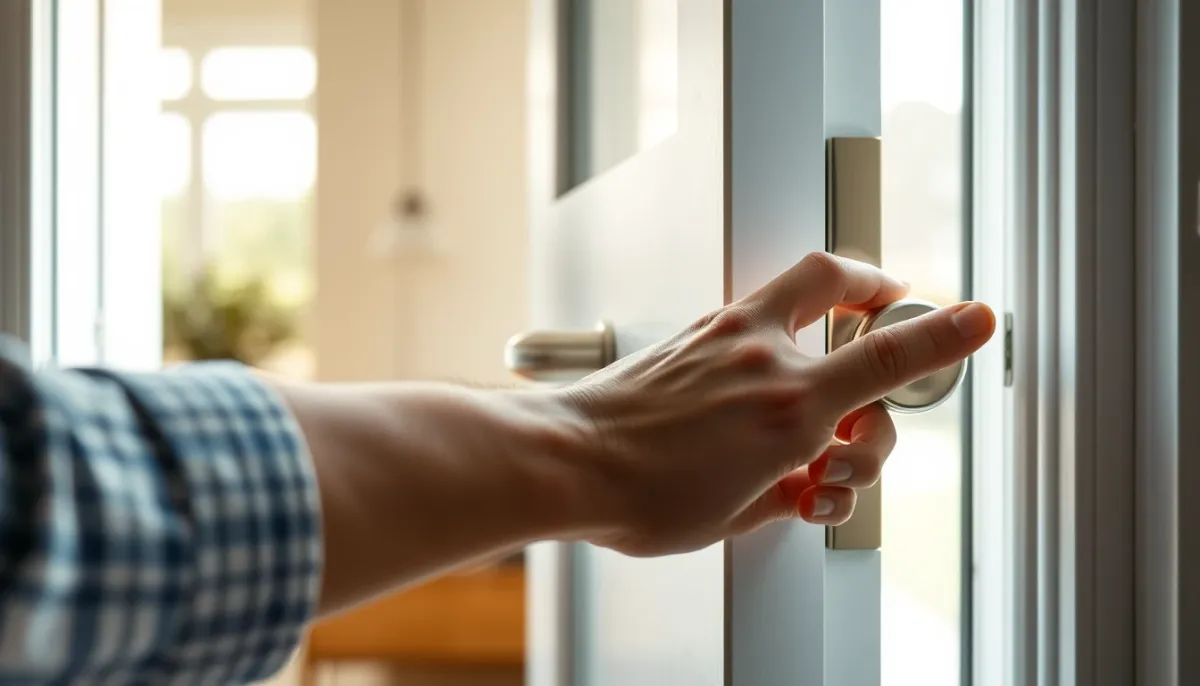 Gros plan sur une main ouvrant une porte d'entrée aluminium moderne vue de l'intérieur