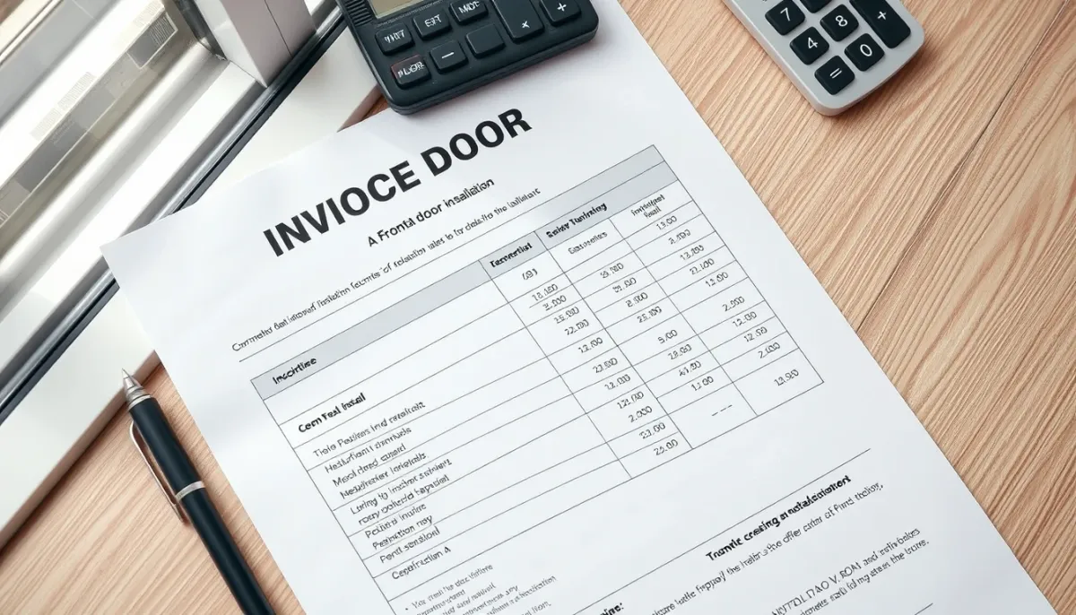 Devis détaillé pour une porte d'entrée aluminium avec calculatrice et stylo sur un bureau
