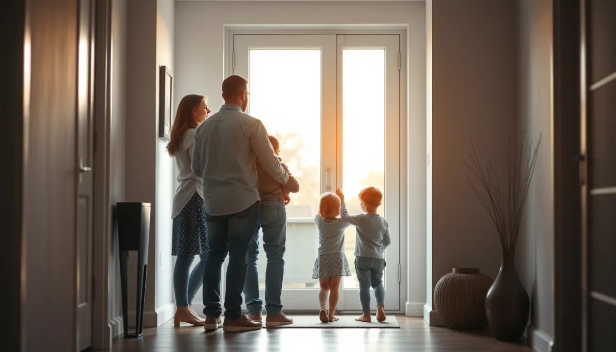 Famille dans un hall d'entrée regardant sa nouvelle porte d'entrée aluminium