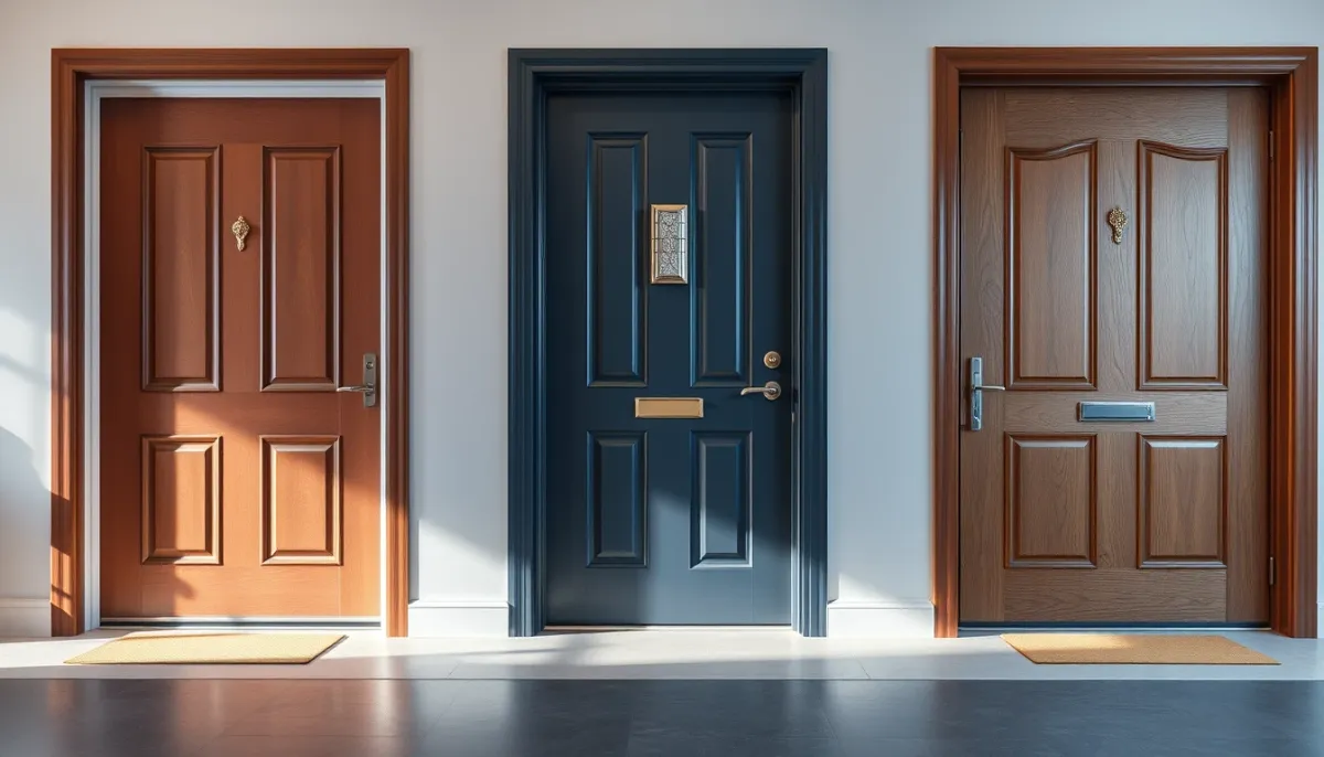 Comparatif de trois portes d'entrée : aluminium, PVC et bois côte à côte