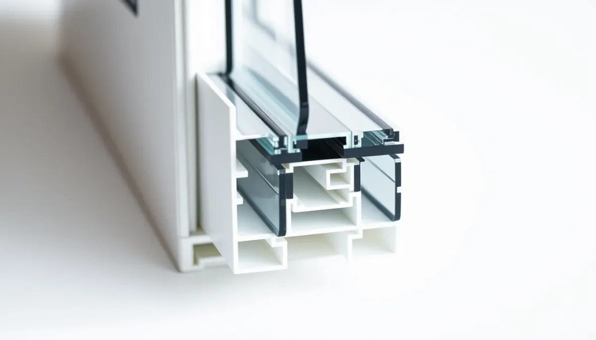 Coupe technique d'un profilé de fenêtre PVC avec double vitrage et intercalaire Warm Edge