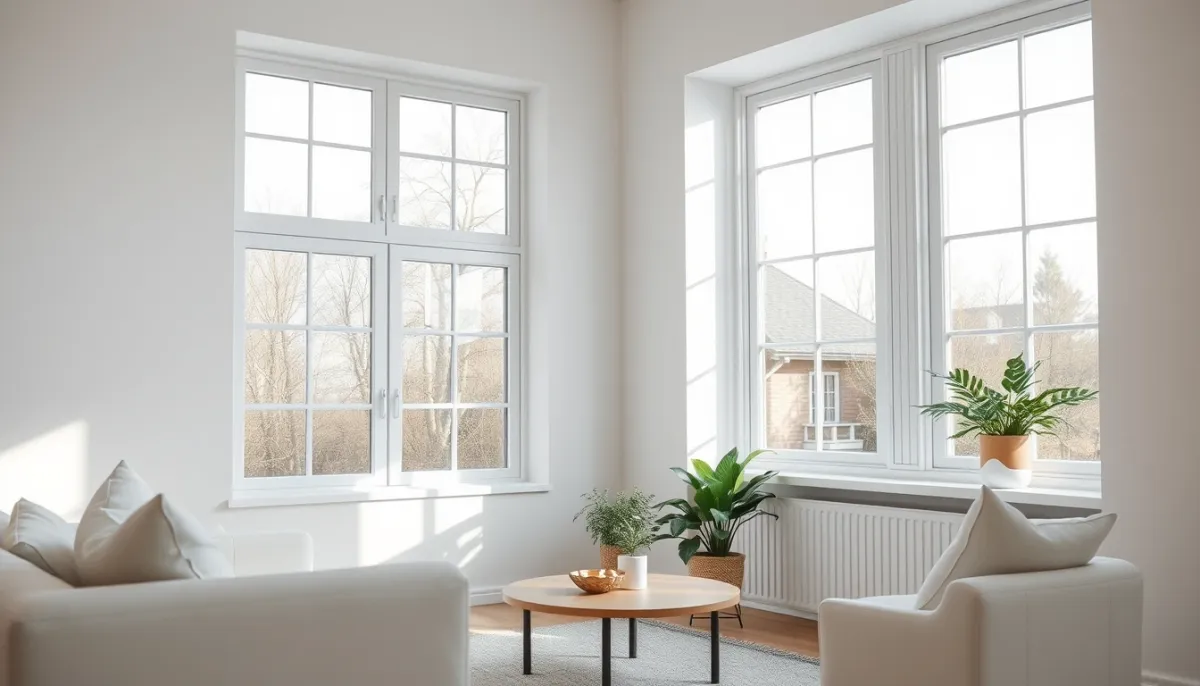 Salon lumineux avec une grande fenêtre PVC laissant entrer la lumière naturelle