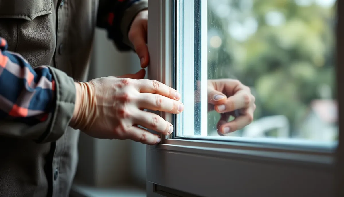 Artisan RGE posant une fenêtre double vitrage, gros plan sur l'installation