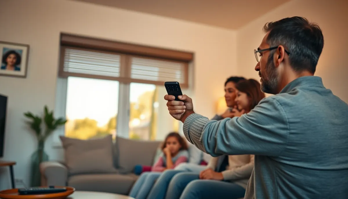 Famille utilisant une télécommande Somfy multi-volets dans un salon