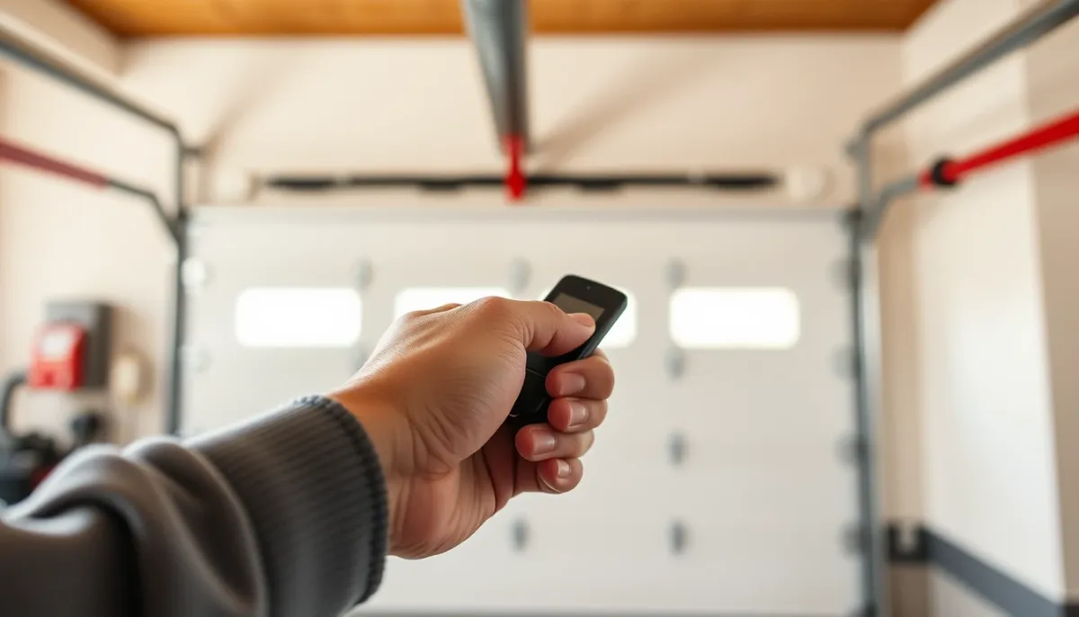 Main tenant une télécommande de porte de garage pour vérifier son fonctionnement
