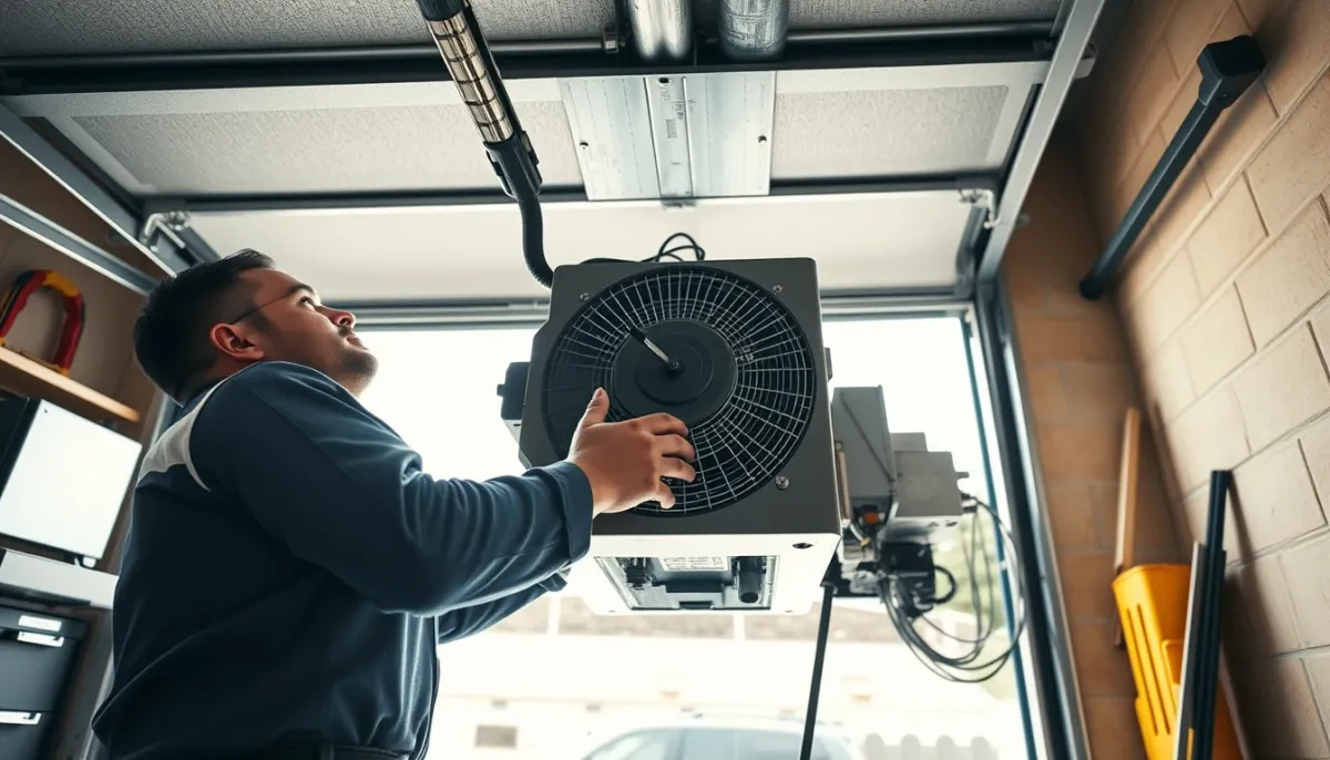 Technicien intervenant sur une motorisation de porte de garage