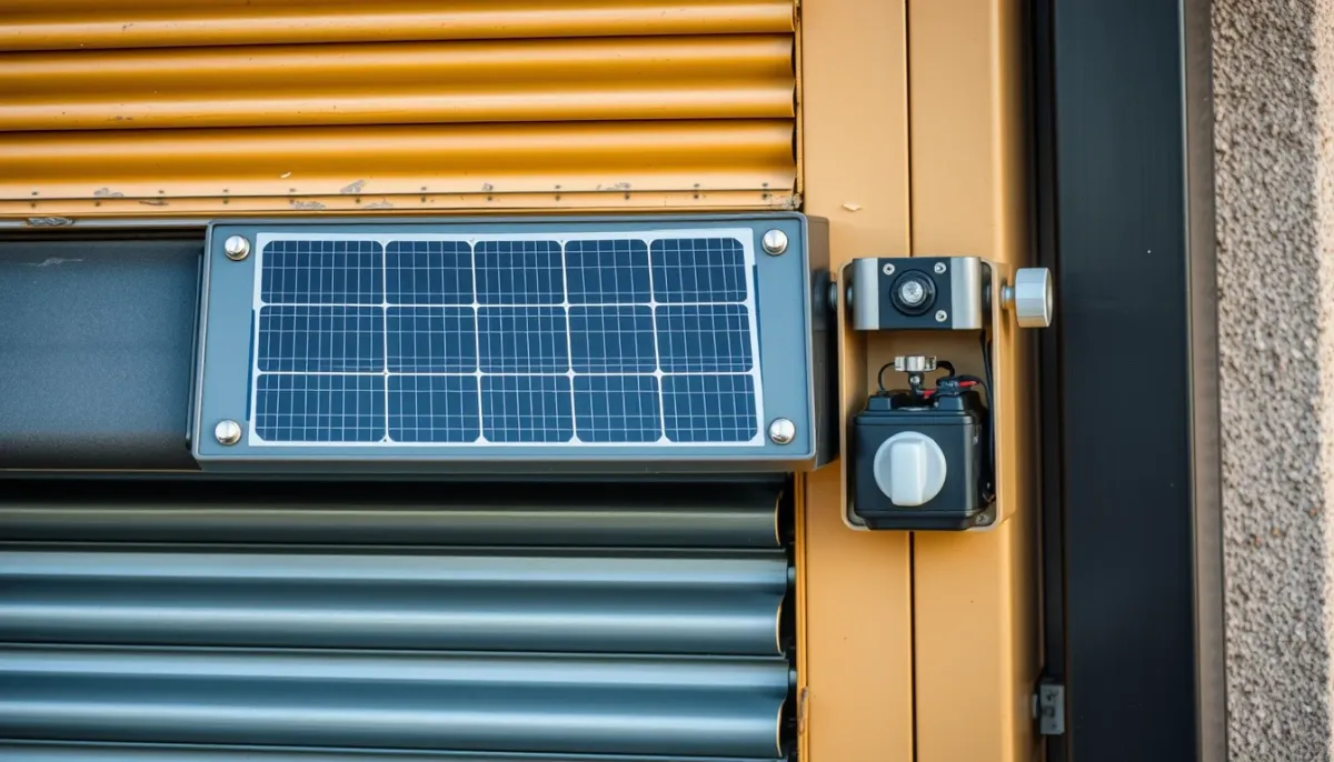 Gros plan sur le panneau solaire et la batterie d'un volet roulant solaire