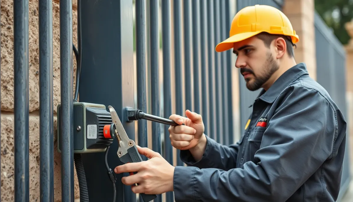 Technicien professionnel intervenant sur une motorisation de portail