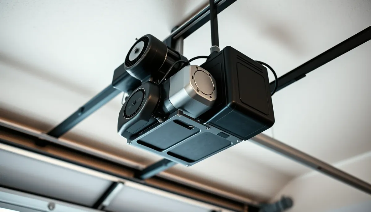 Gros plan sur un moteur de porte de garage installé au plafond avec rail et chaîne