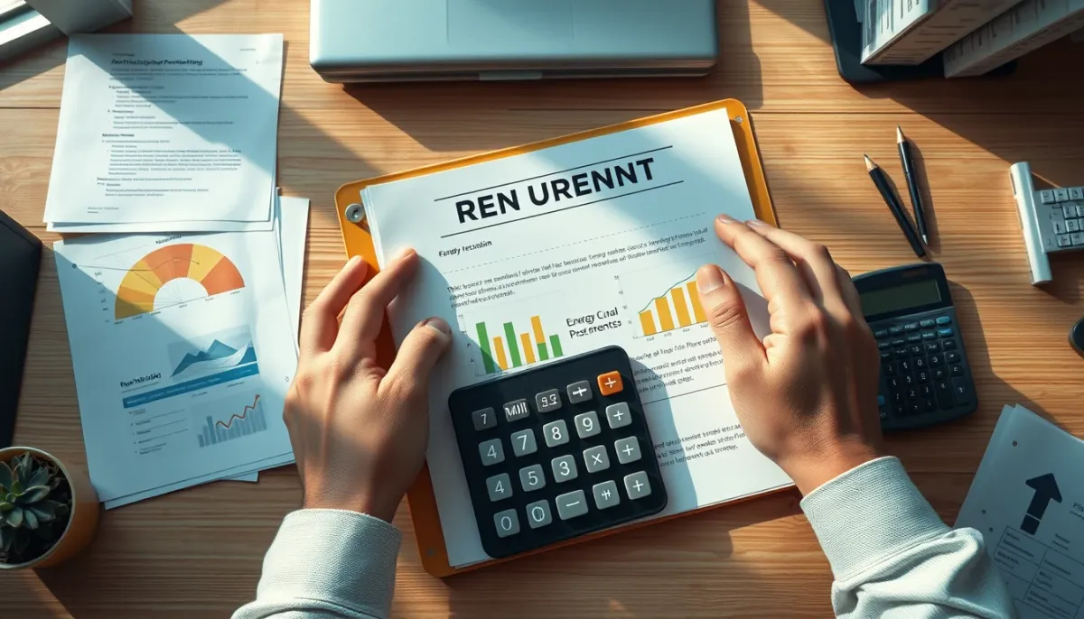 Mains tenant des documents de rénovation énergétique et une calculatrice sur un bureau