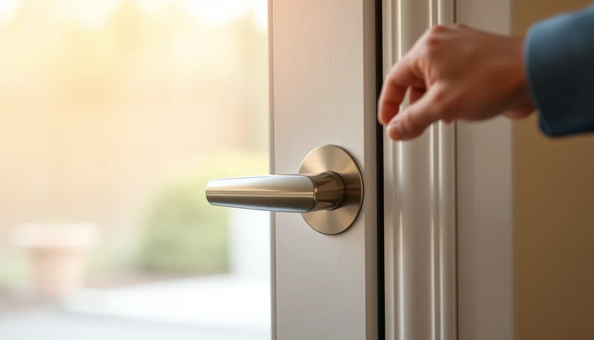 Main actionnant la poignée d'une porte d'entrée, illustrant le confort quotidien