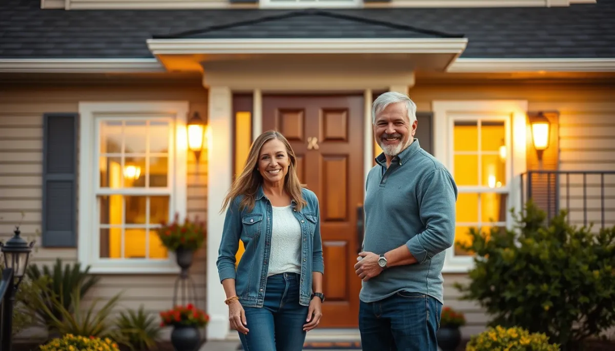 Couple satisfait devant sa maison avec une nouvelle porte d'entrée