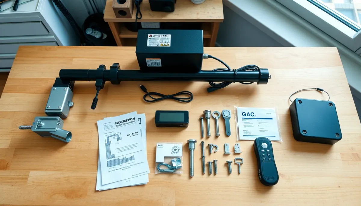Kit de motorisation de portail Avidsen déballé sur un établi
