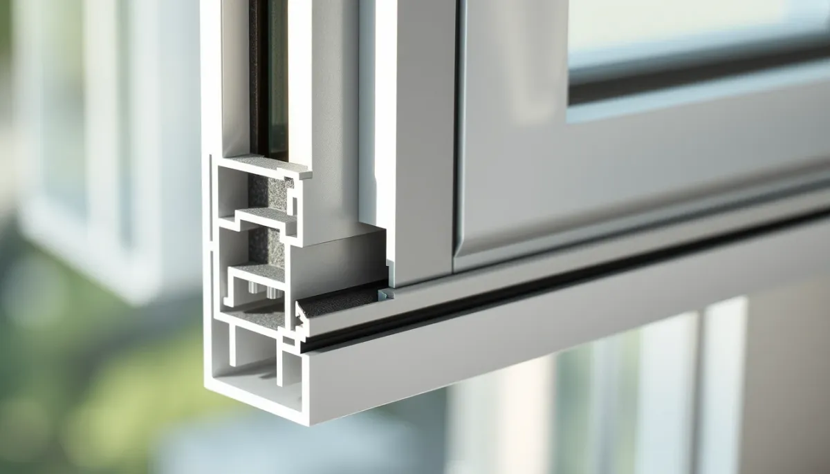 Gros plan sur la coupe d'un profilé aluminium à rupture de pont thermique avec joints et isolant