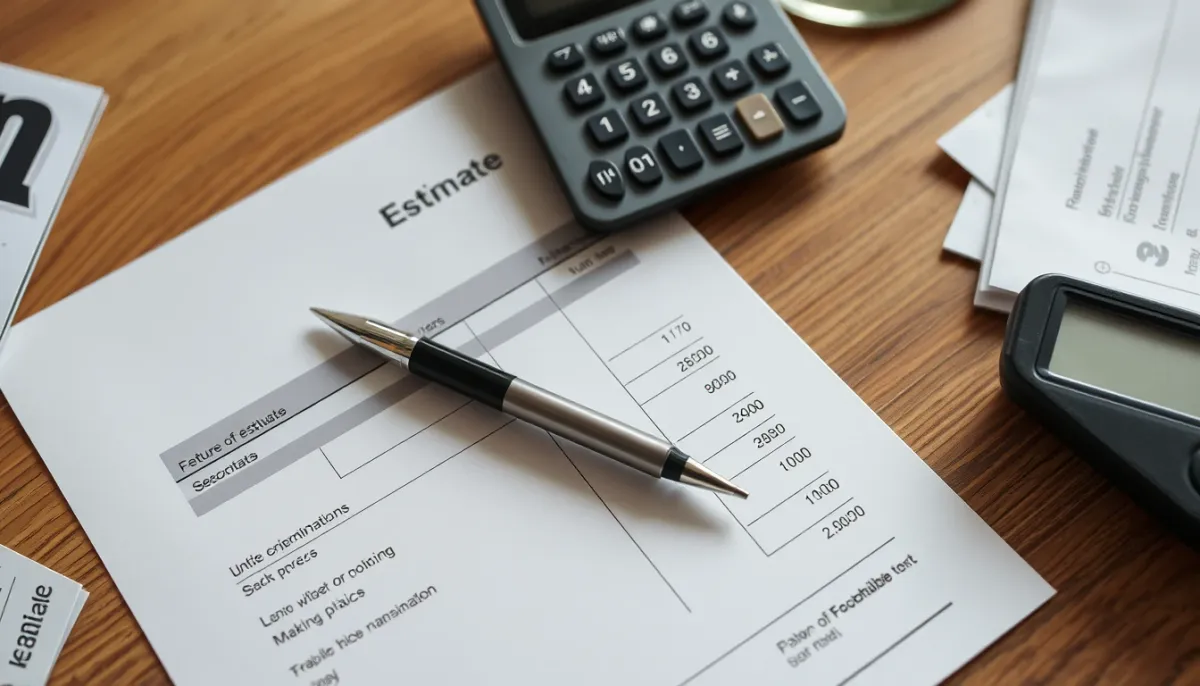 Devis détaillé pour fenêtre aluminium avec calculatrice et stylo sur un bureau, symbolisant le budget