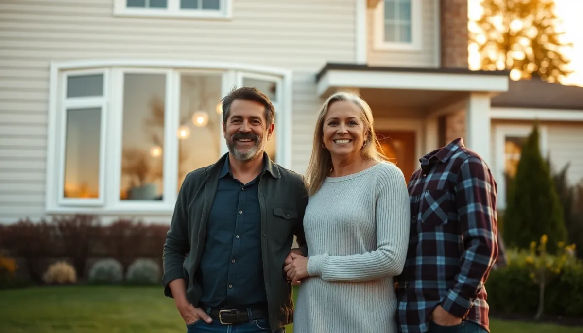 Couple devant une maison avec fenêtres aluminium modernes, illustrant les propriétaires satisfaits