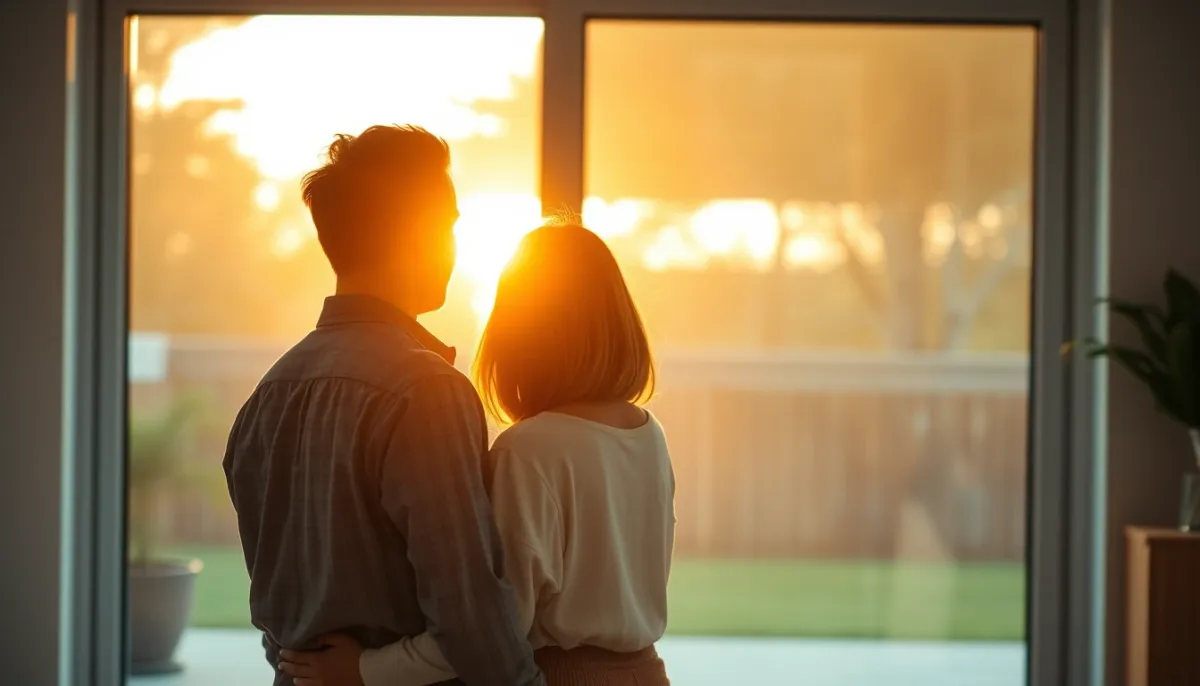 Couple admirant sa nouvelle baie vitrée double vitrage dans un salon lumineux