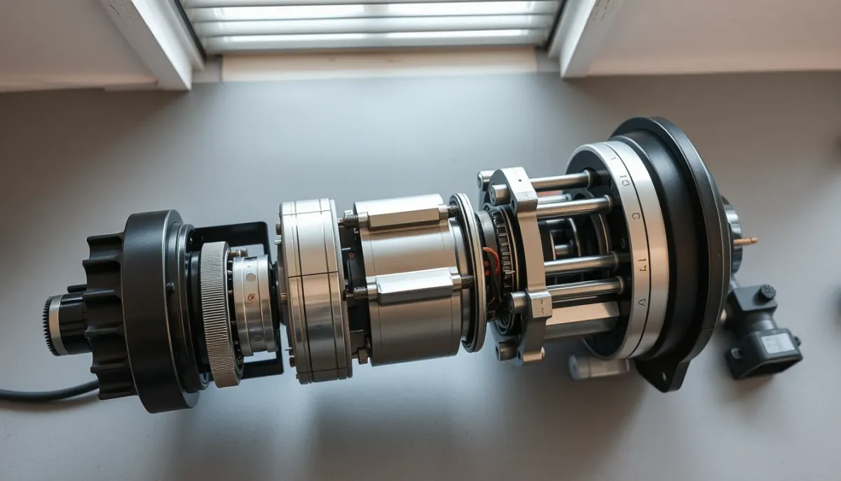 Moteur tubulaire Bubendorff démonté sur un établi, vue de dessus