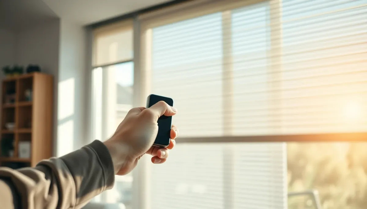 Main utilisant une télécommande pour volet roulant Bubendorff dans un salon lumineux