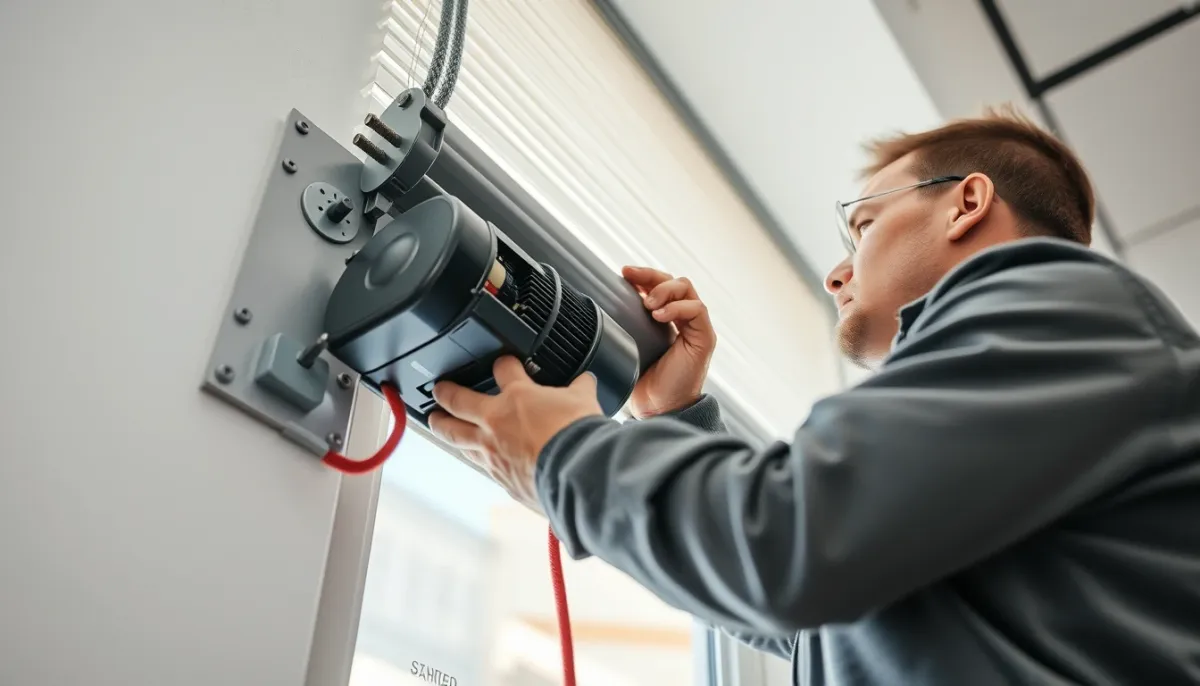 Technicien installant un moteur de volet roulant Bubendorff dans un cadre de fenêtre