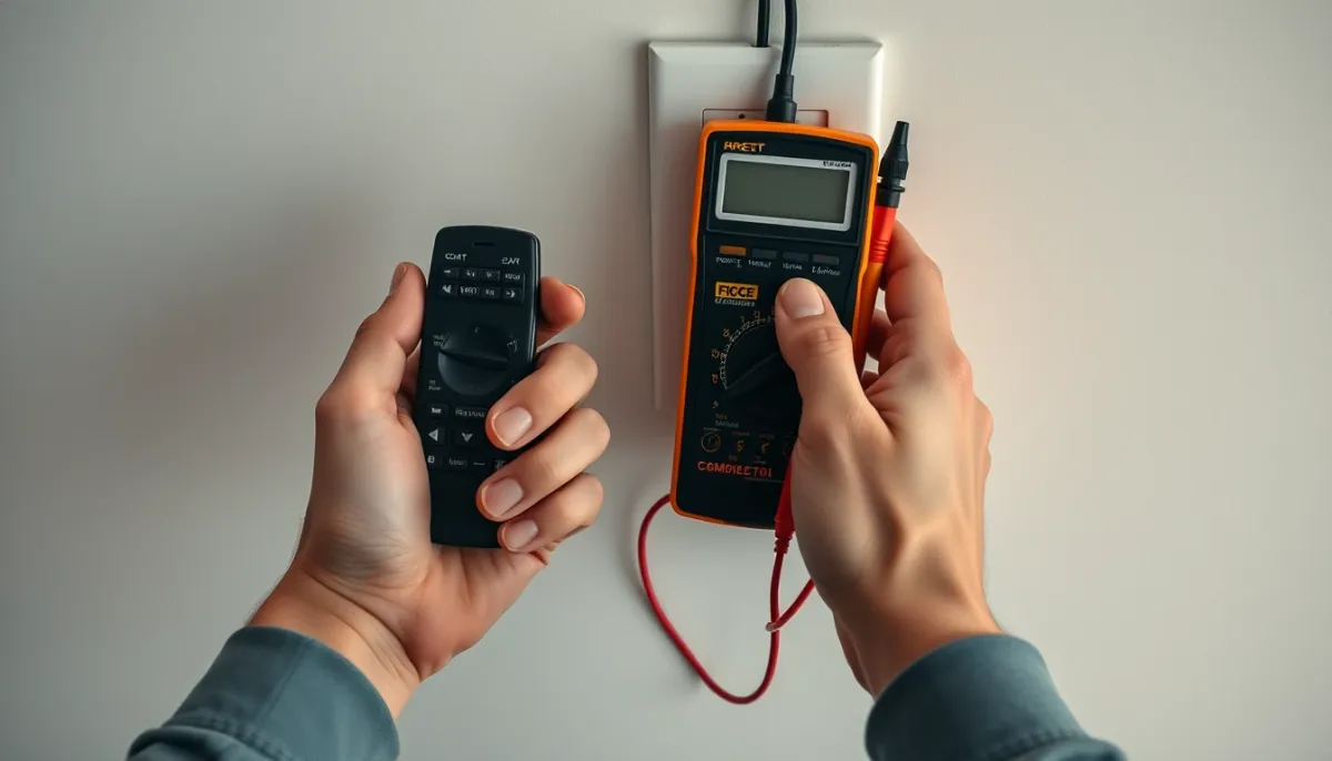 Mains tenant une télécommande et un multimètre près d'un interrupteur mural pour diagnostiquer une panne