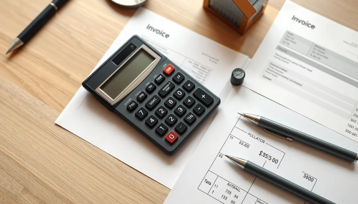 Calculatrice, factures et mini volet roulant sur un bureau pour illustrer le coût d'intervention