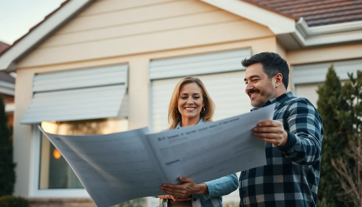 Couple de propriétaires examinant des plans de rénovation devant une maison équipée de volets roulants neufs